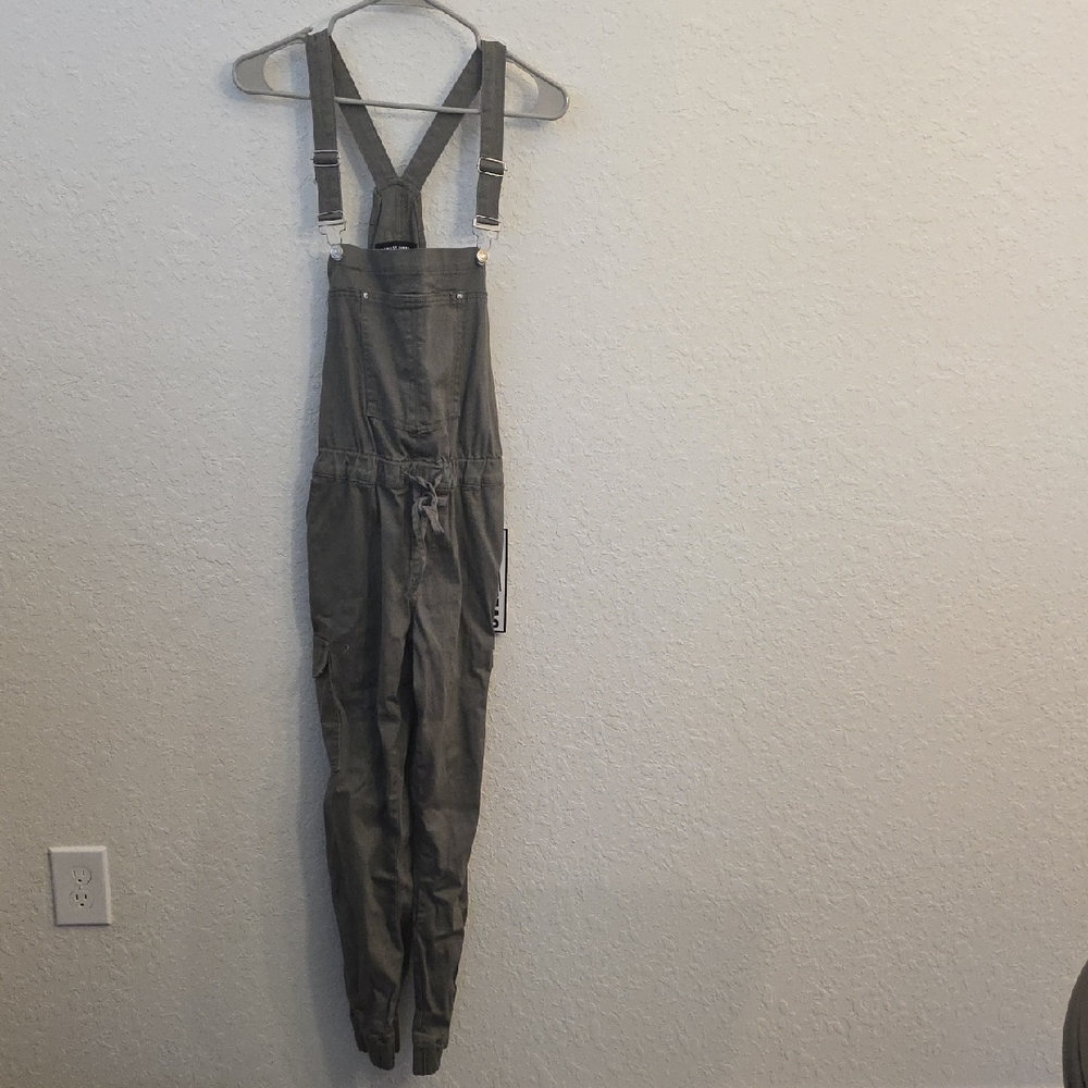 Almost Famous Olive Utility Jumpsuit with Crossback Straps